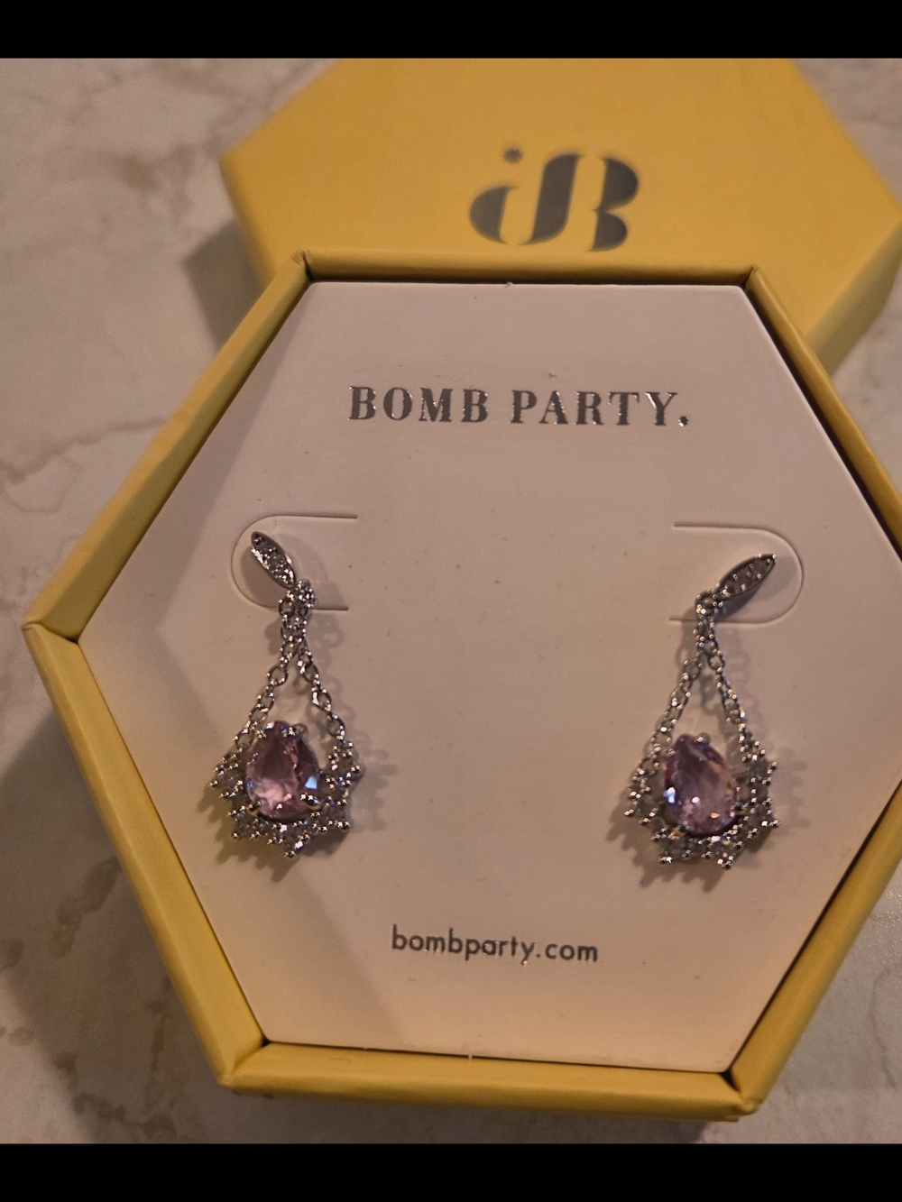 Bomb Party Silver Drop Earrings with Light Purple Gemstone